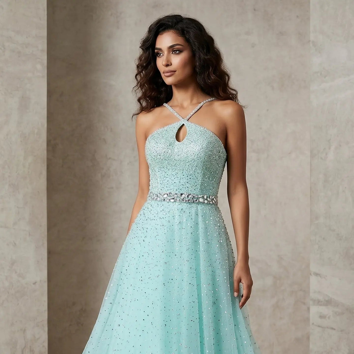 Luxury Dusty Pink Beaded Halter Neck A-Line Evening Dress SS580