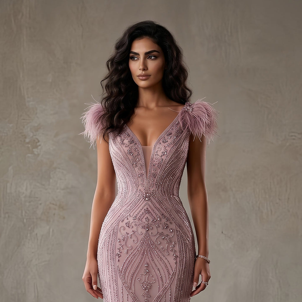 Luxury Pink V-Neck Feather Trim Beaded Mermaid Evening Dress SS122