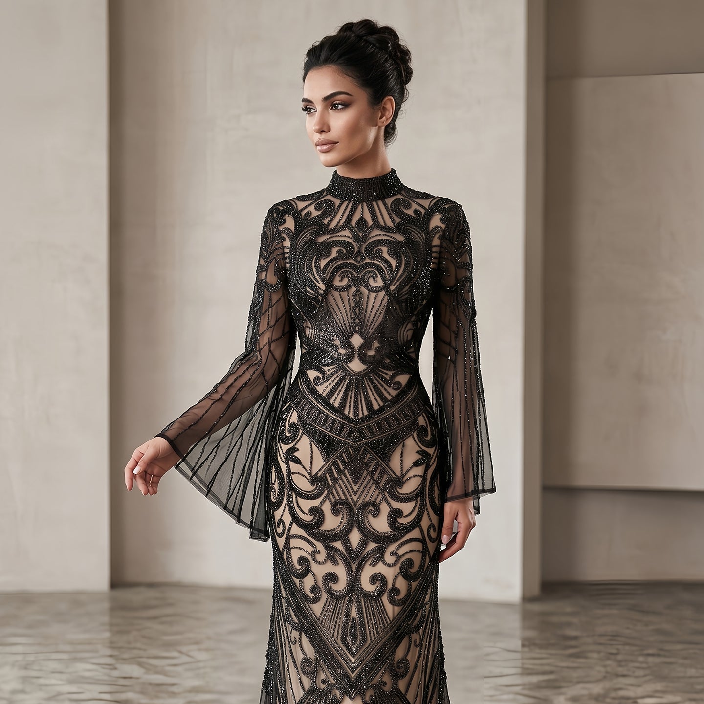 Luxury Black High Neck Beaded Mermaid Evening Dress SS055