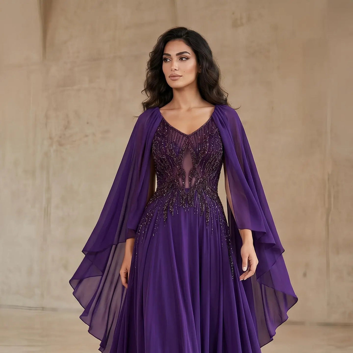 Luxury Purple V-Neck Beaded Chiffon Evening Dress with Cape Sleeves SS053