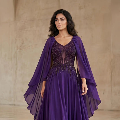Luxury Purple V-Neck Beaded Chiffon Evening Dress with Cape Sleeves SS053