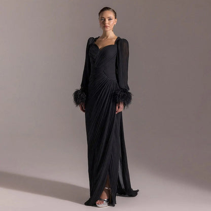Luxury Feather Fuchsia Long Sleeves Evening Dress with Feathers and Overskirt SF411