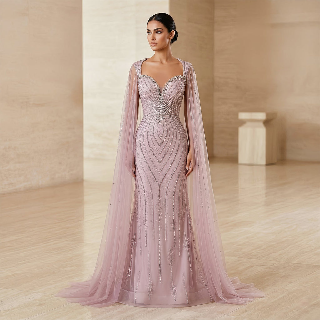 Elegant Pink Sweetheart Beaded Evening Dress with Cape Sleeve SS130