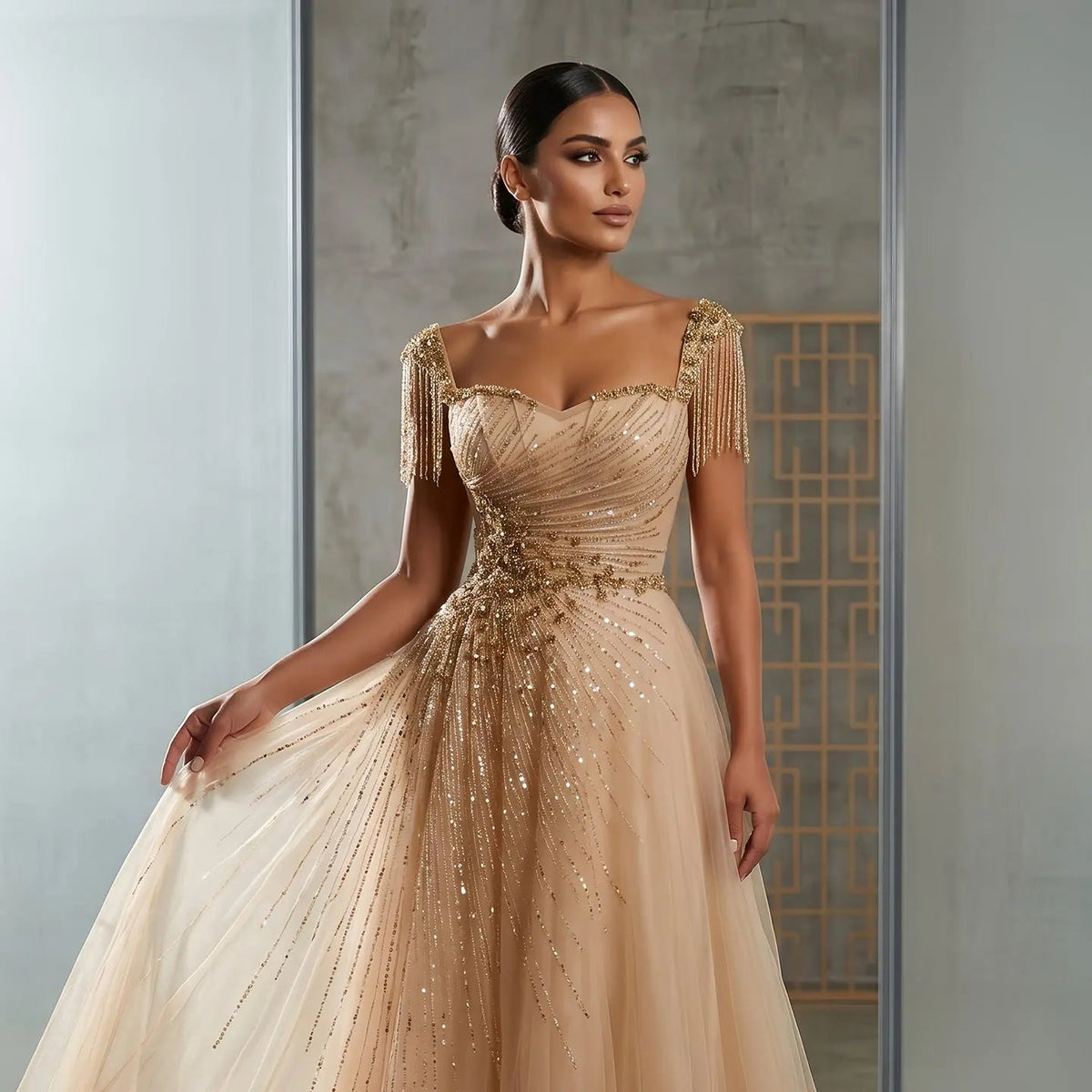 Luxury Blue Tassel Beaded Tulle A-Line Evening Dress SS058