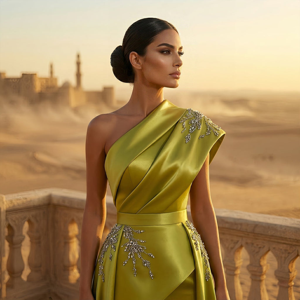 Luxury Turquoise Crystal One-Shoulder Evening Dress with Overskirt SS600