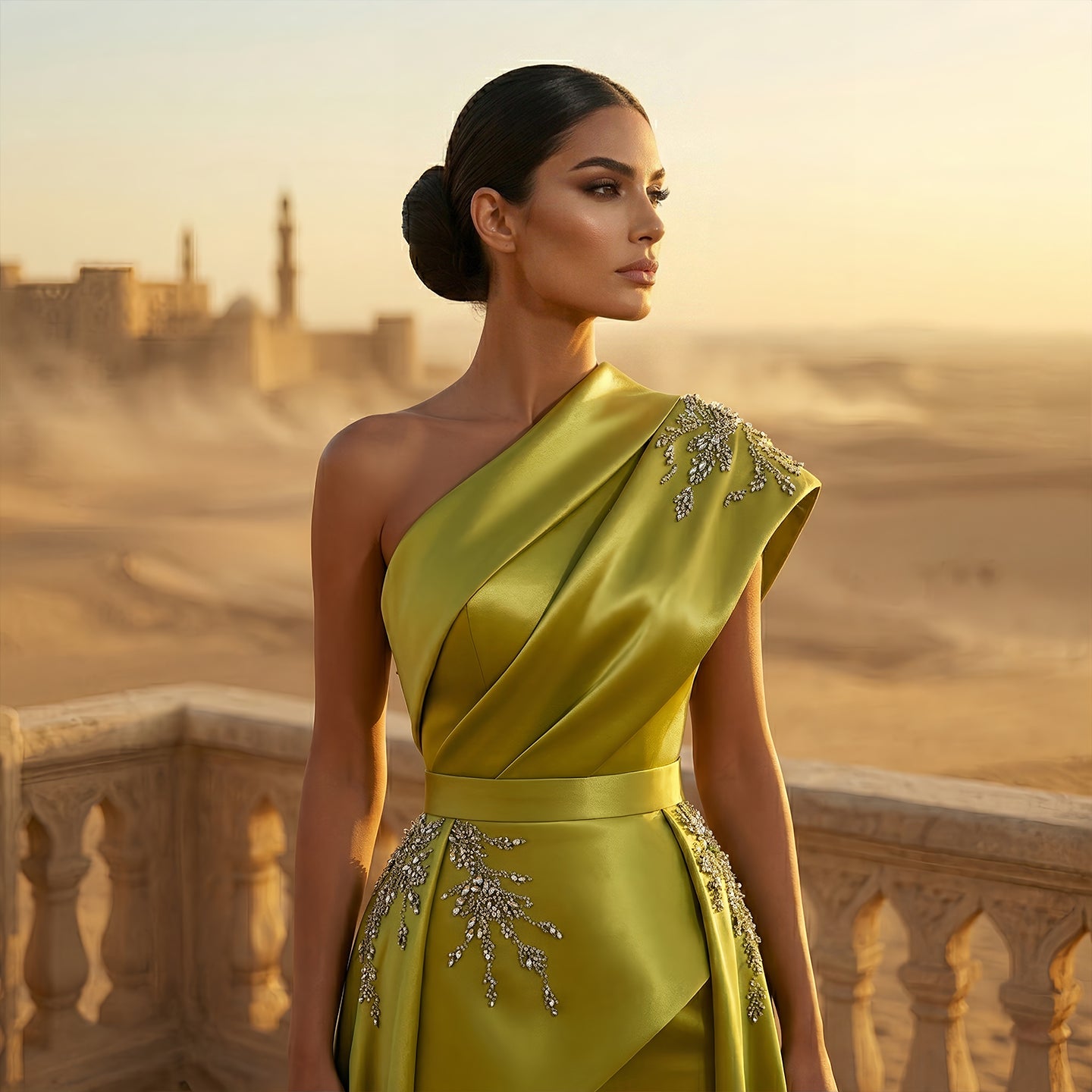 Luxury Turquoise Crystal One-Shoulder Evening Dress with Overskirt SS600