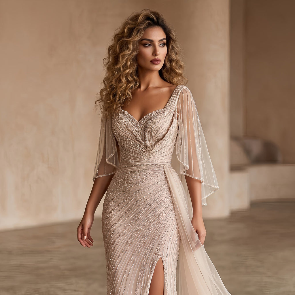Luxury Champagne V-Neck Beaded Evening Dress with Cape Sleeves SS063