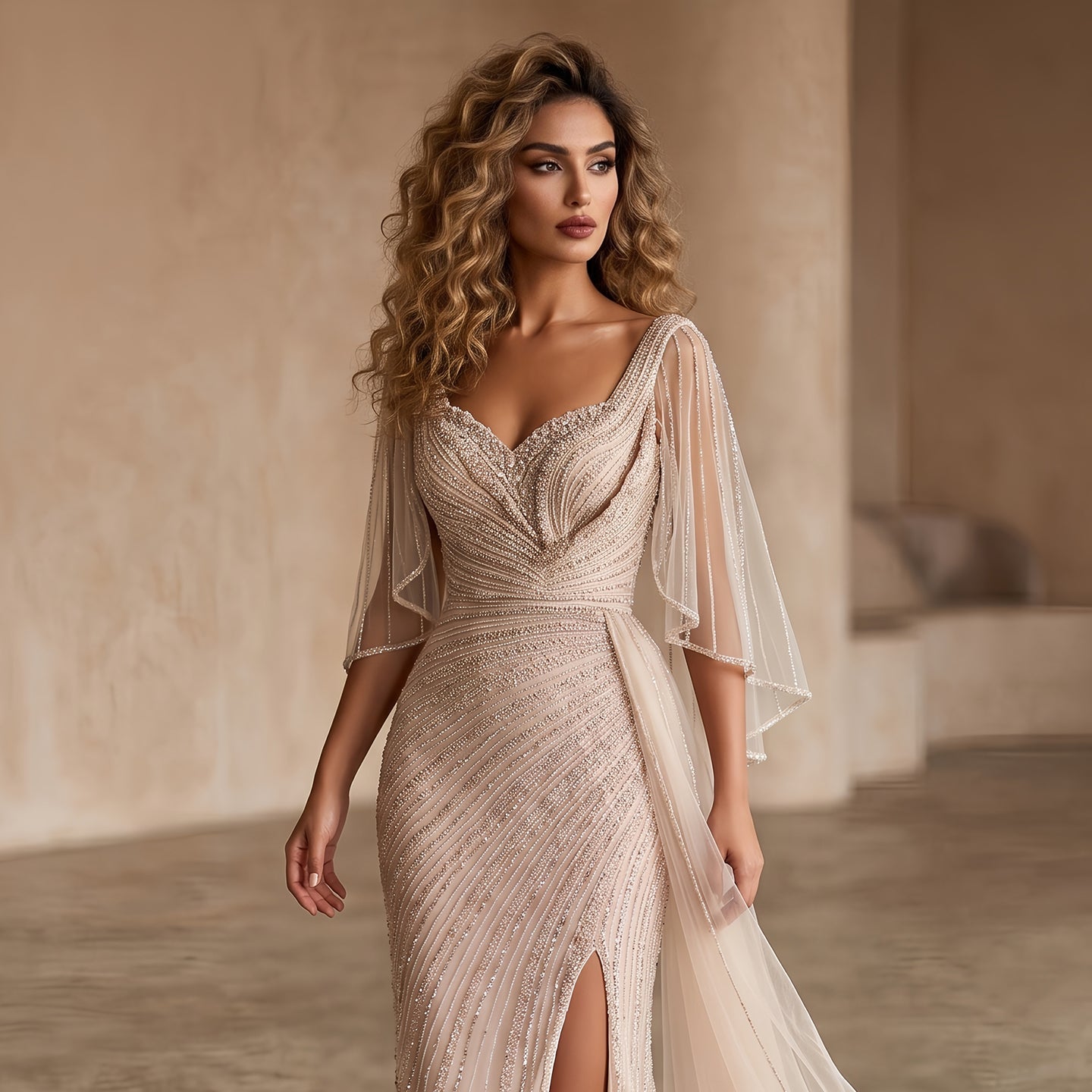 Luxury Champagne V-Neck Beaded Evening Dress with Cape Sleeves SS063