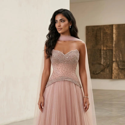 Luxury Sage Green Beaded A-Line Evening Dress with Scarf SS299