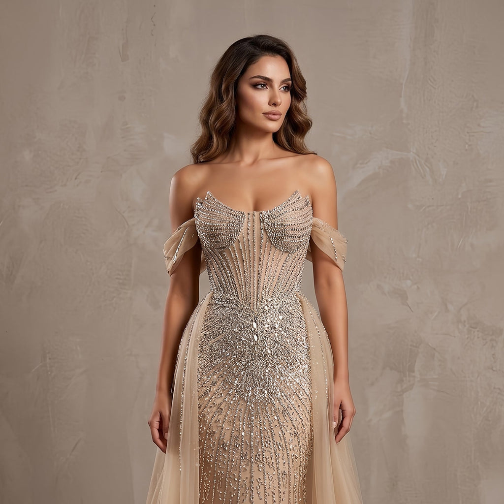 Luxury Pink Off-the-Shoulder Beaded Crystal Corset Evening Dress SS120