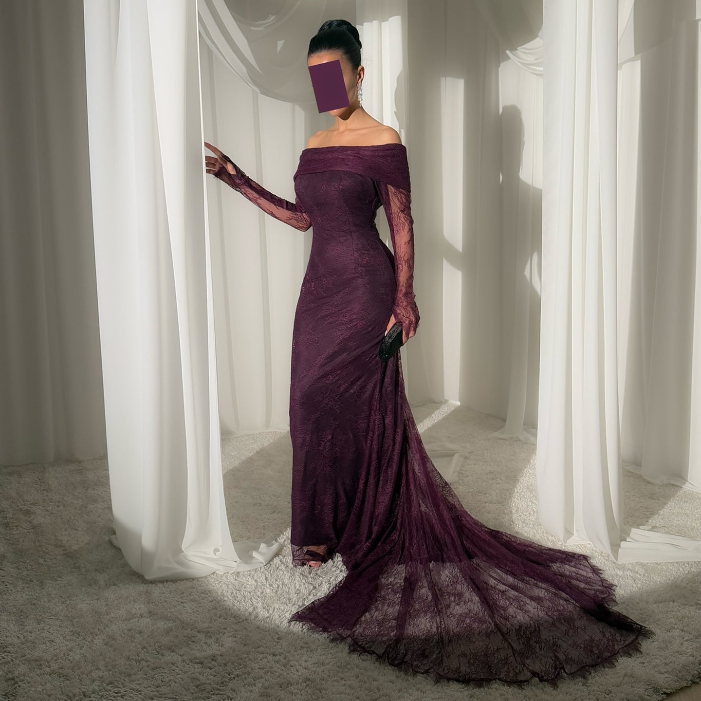 Luxury Purple Off Shoulder Lace Arabic Evening Dress SF205
