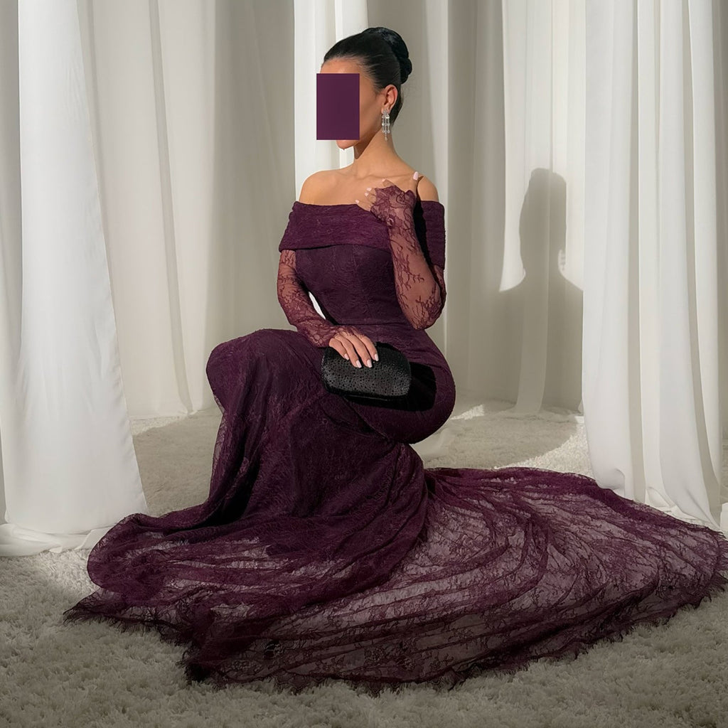 Luxury Purple Off Shoulder Lace Arabic Evening Dress SF205