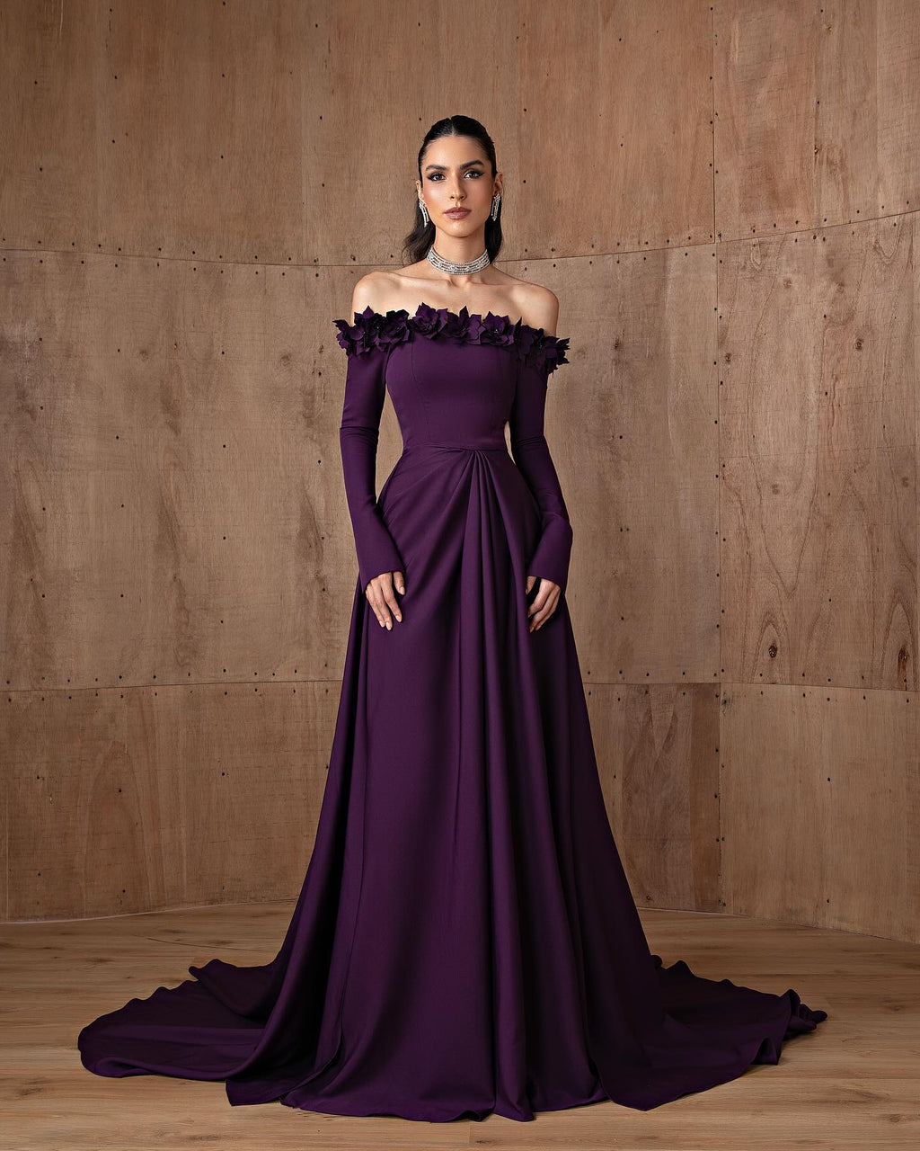 Elegant 3D Floral Purple Evening Dress with Overskirt SF376