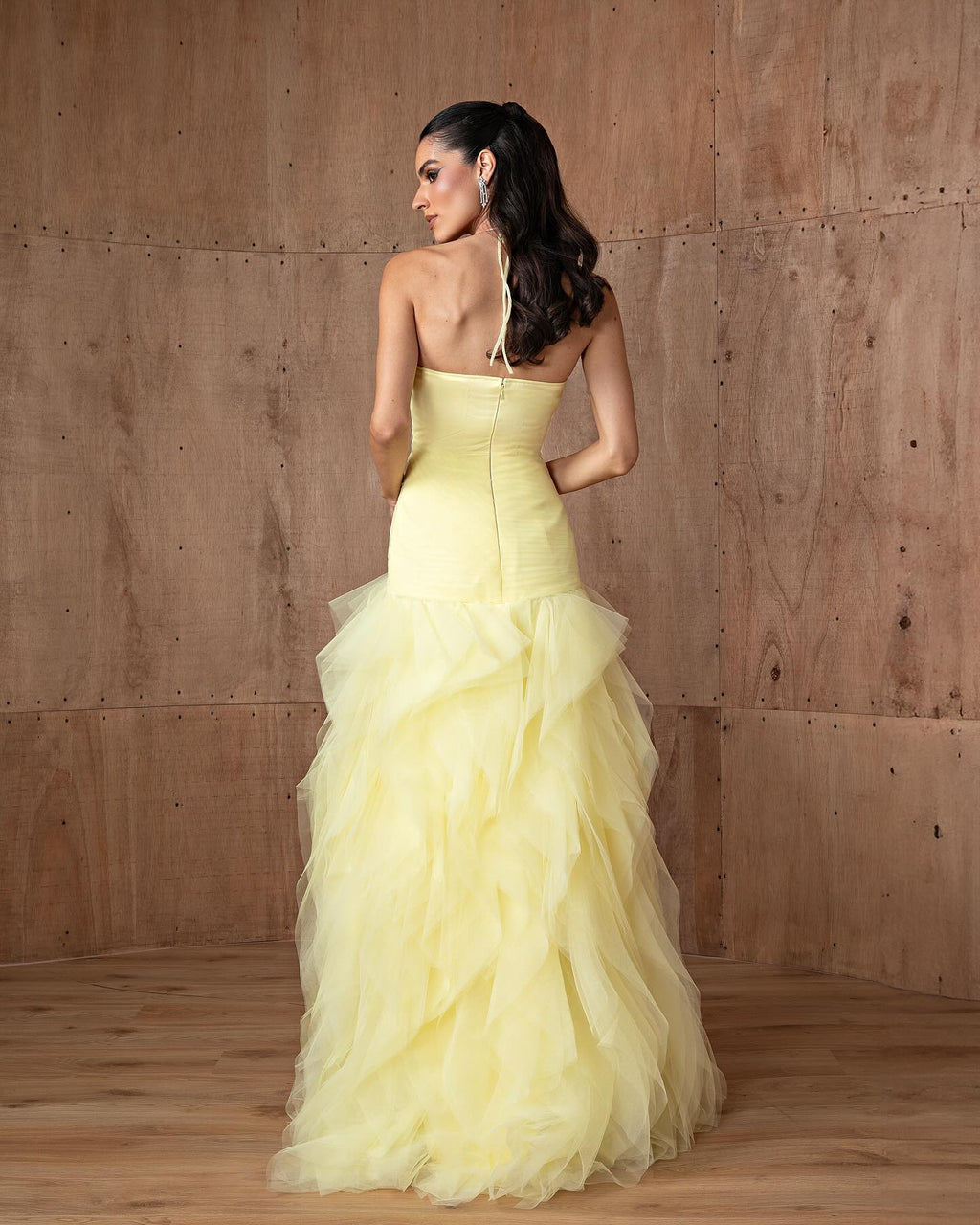 Elegant Halter Yellow Ruffles Mermaid Evening Dress SF377