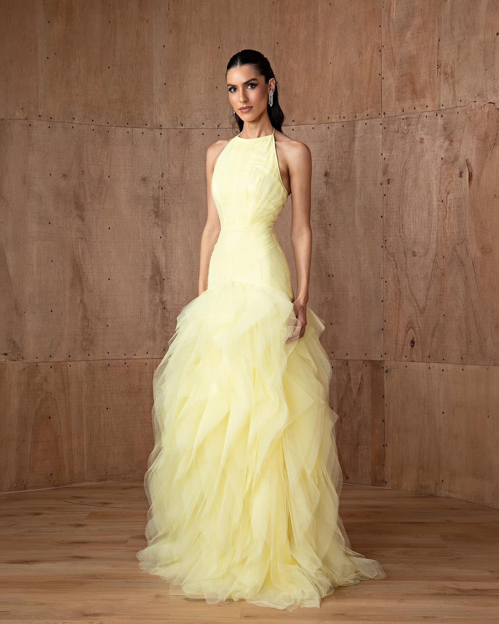 Elegant Halter Yellow Ruffles Mermaid Evening Dress SF377