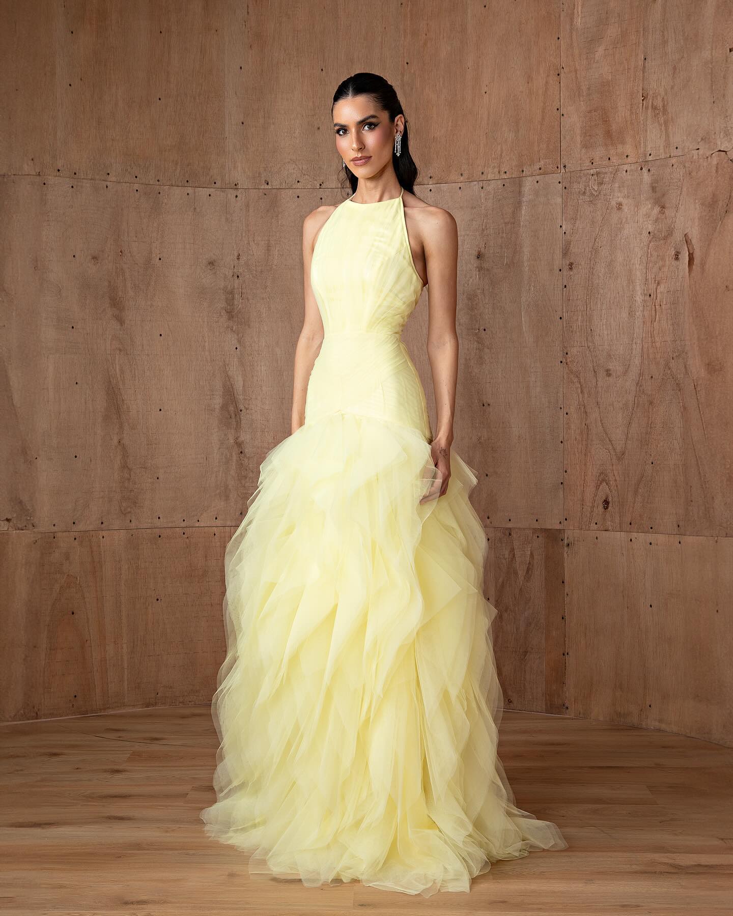 Elegant Halter Yellow Ruffles Mermaid Evening Dress SF377