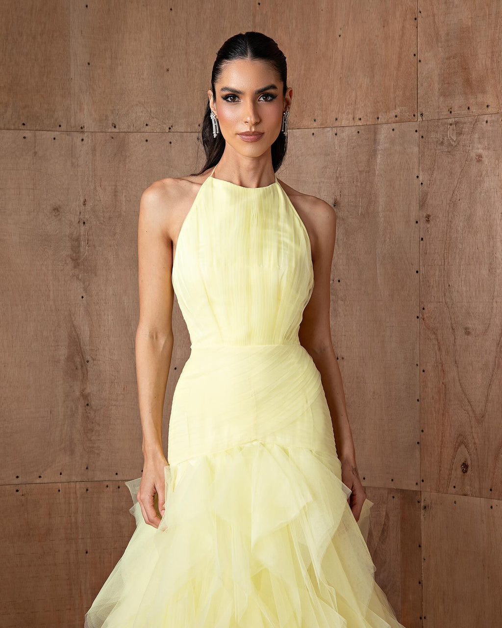 Elegant Halter Yellow Ruffles Mermaid Evening Dress SF377