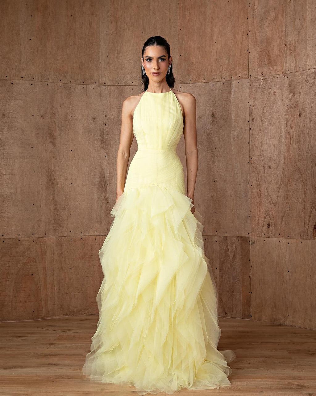 Elegant Halter Yellow Ruffles Mermaid Evening Dress SF377