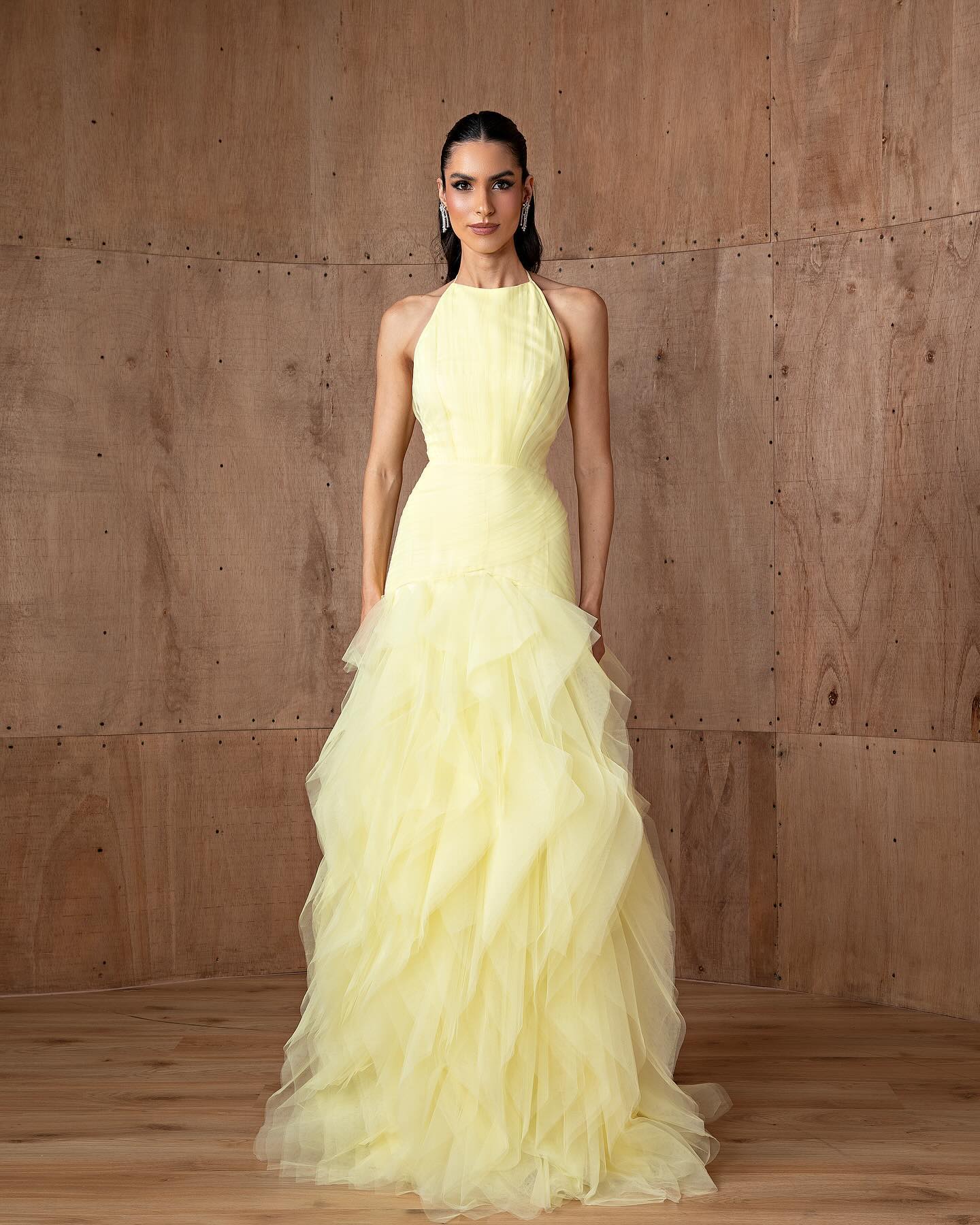 Elegant Halter Yellow Ruffles Mermaid Evening Dress SF377