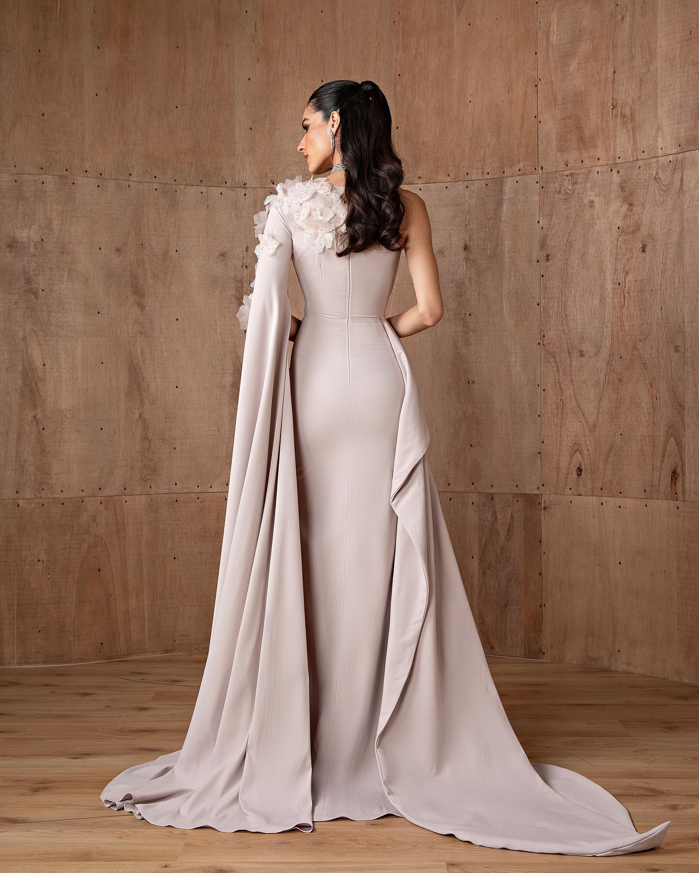Gorgeous 3D Beads Floral Dusty Pink Evening Dress with Cape Sleeve SF555