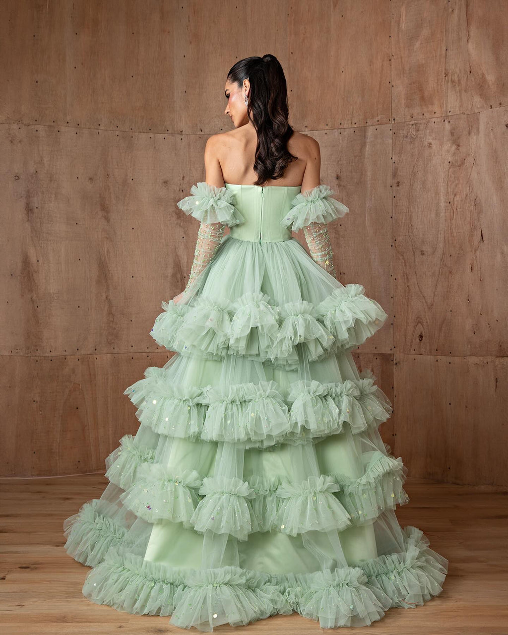 Luxury Beaded Sage Green Tiered Evening Dress with Glove SF381