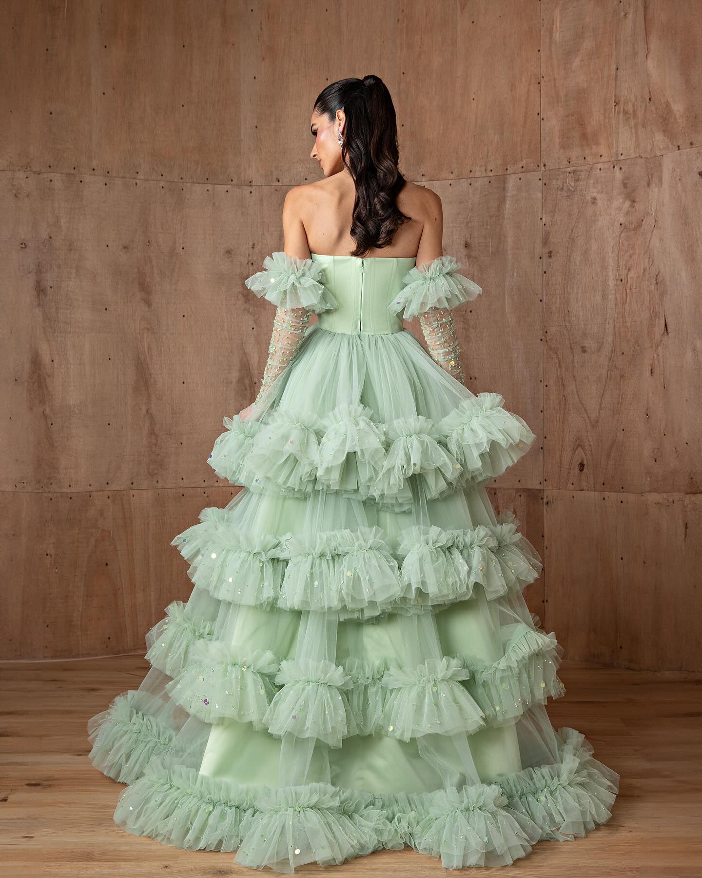 Luxury Beaded Sage Green Tiered Evening Dress with Glove SF381