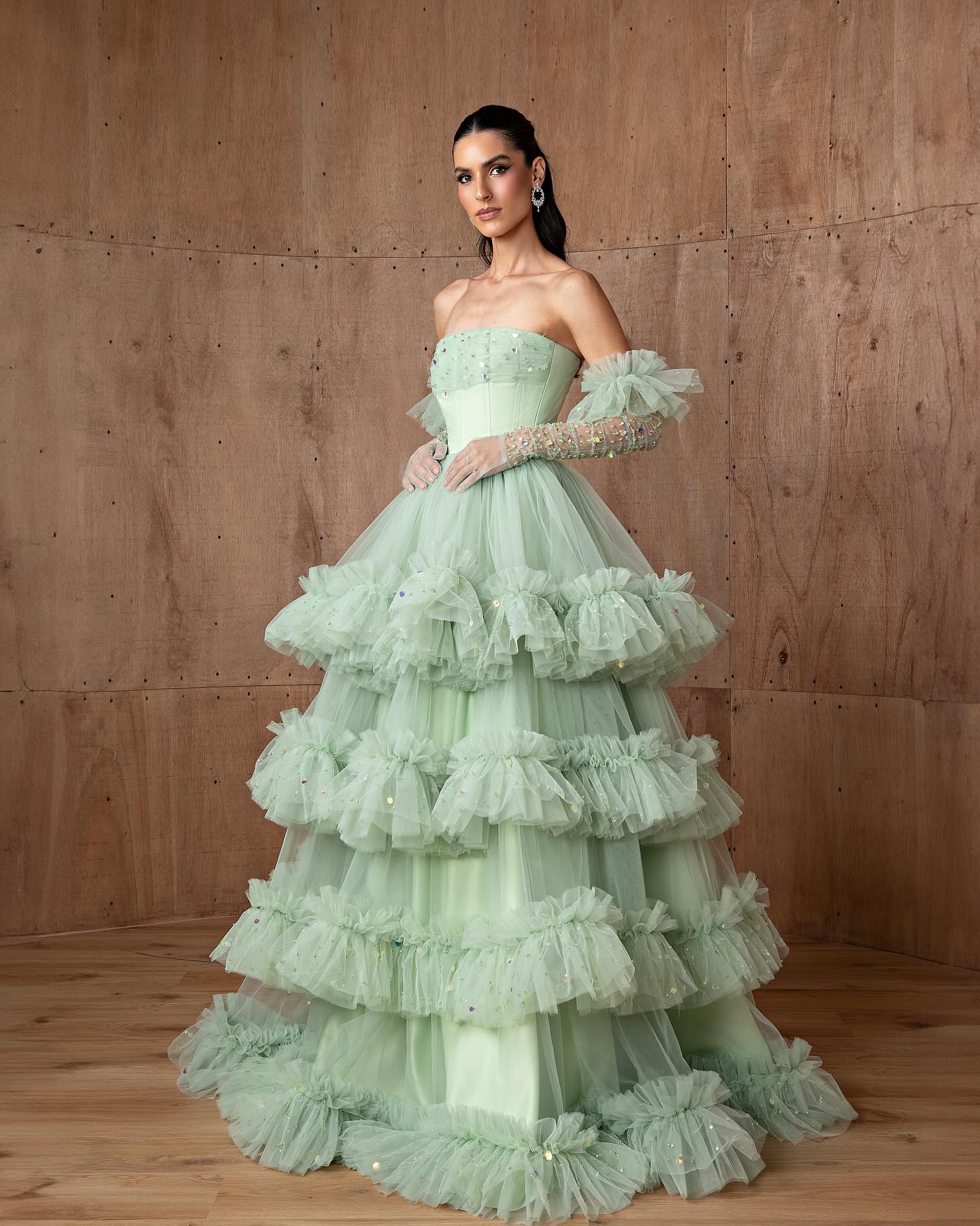Luxury Beaded Sage Green Tiered Evening Dress with Glove SF381