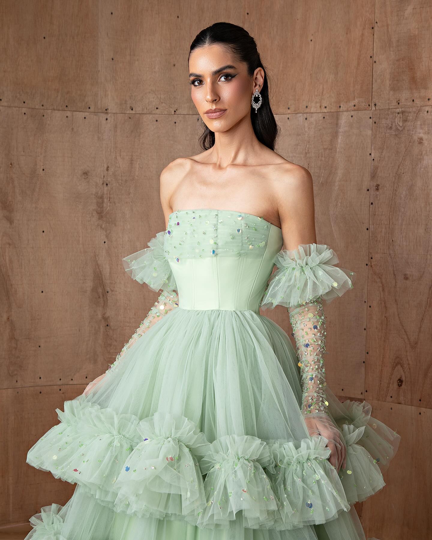 Luxury Beaded Sage Green Tiered Evening Dress with Glove SF381