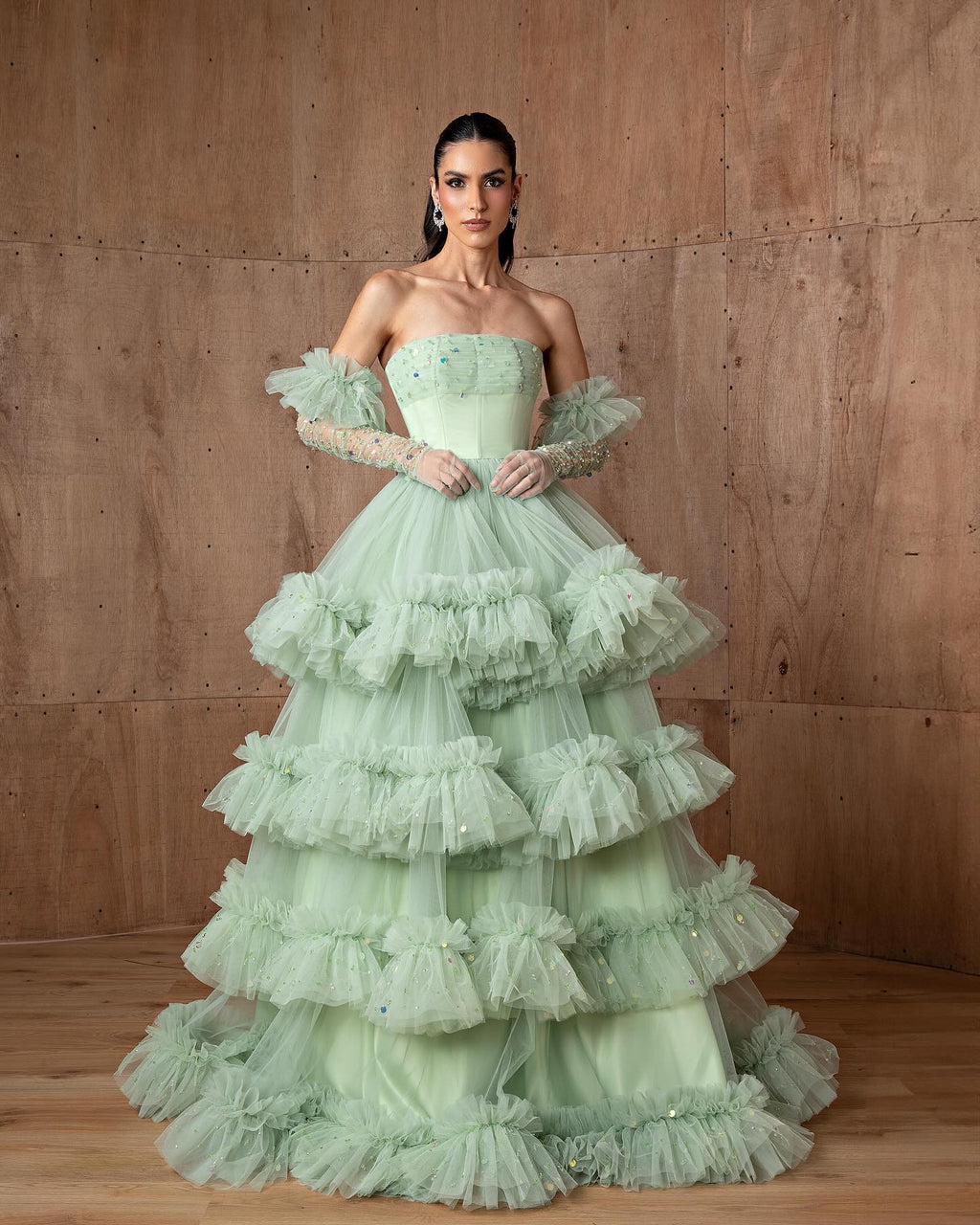 Luxury Beaded Sage Green Tiered Evening Dress with Glove SF381
