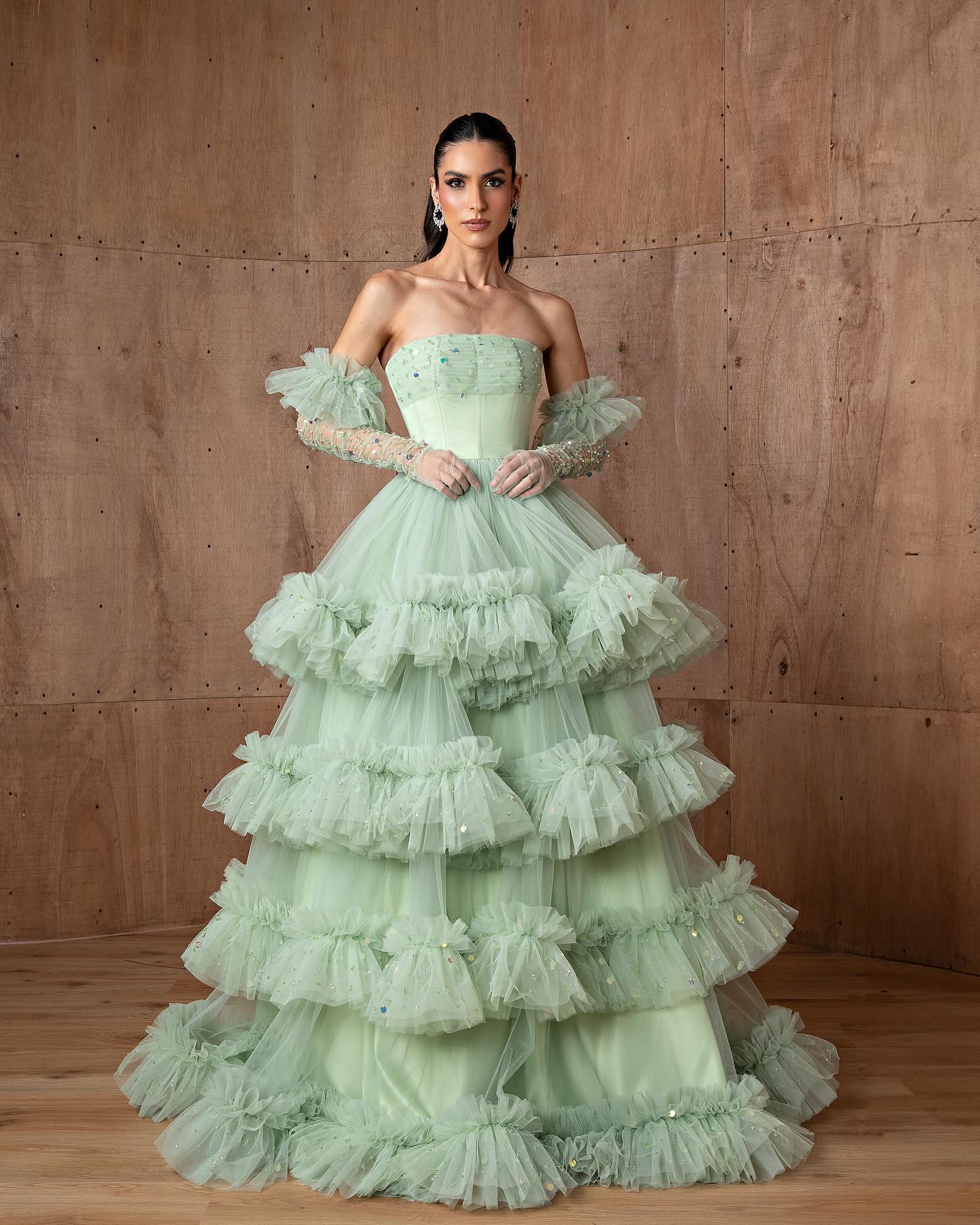 Luxury Beaded Sage Green Tiered Evening Dress with Glove SF381