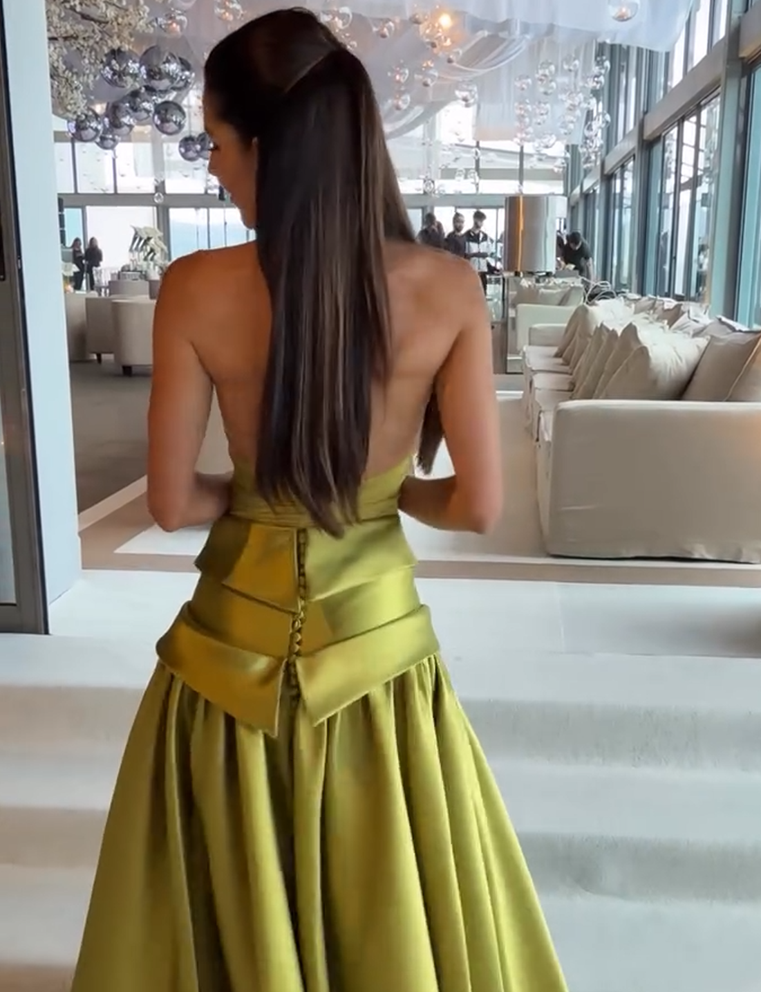 Luxury Olive Green Halter Neck Satin Ball Gown Evening Dress SF148