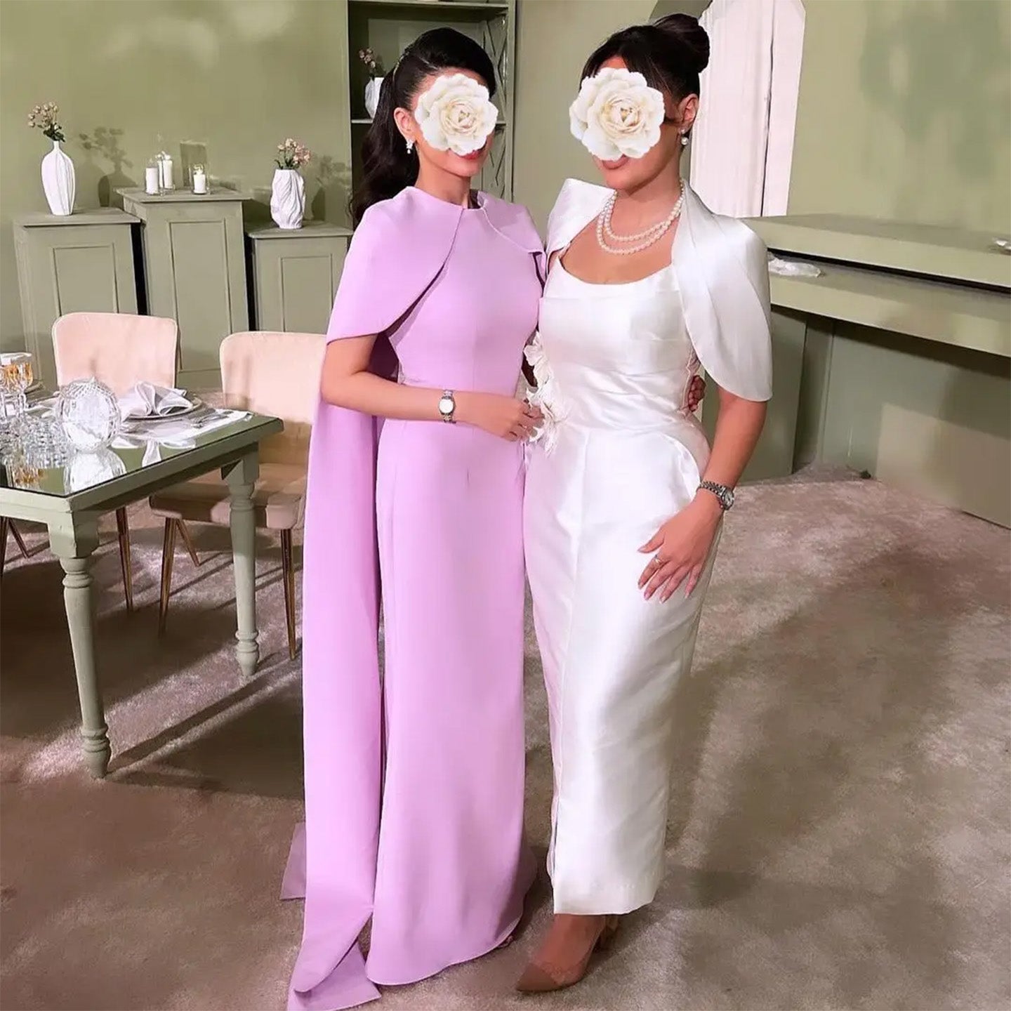 Elegant Pink O-Neck Mermaid Evening Dress with Cape Sleeves SF033