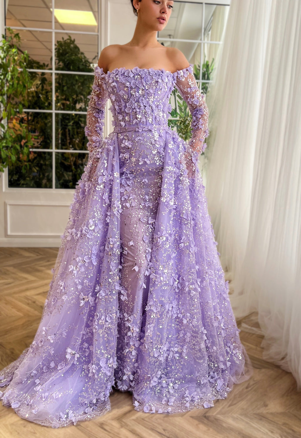 Elegant 3D Flowers Pink Evening Dress with Overskirt SS352