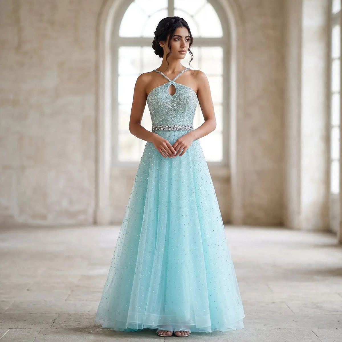 Luxury Dusty Pink Beaded Halter Neck A-Line Evening Dress SS580