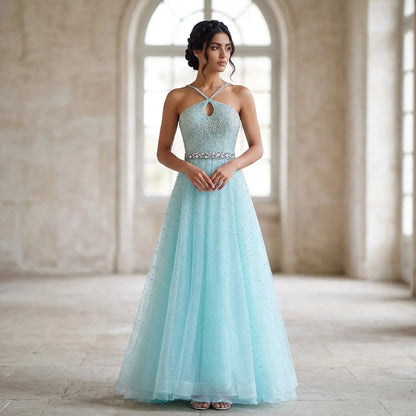 Luxury Dusty Pink Beaded Halter Neck A-Line Evening Dress SS580