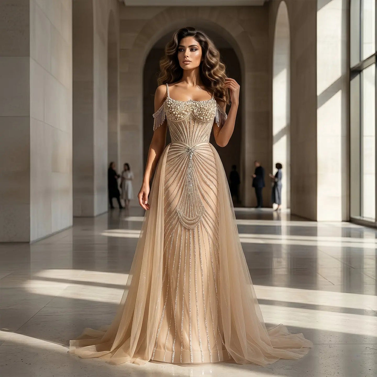 Luxury Green Spaghetti Strap Beaded Evening Dress with Overskirt SS121