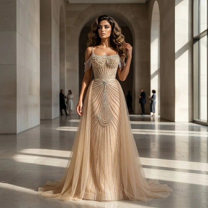 Luxury Green Spaghetti Strap Beaded Evening Dress with Overskirt SS121