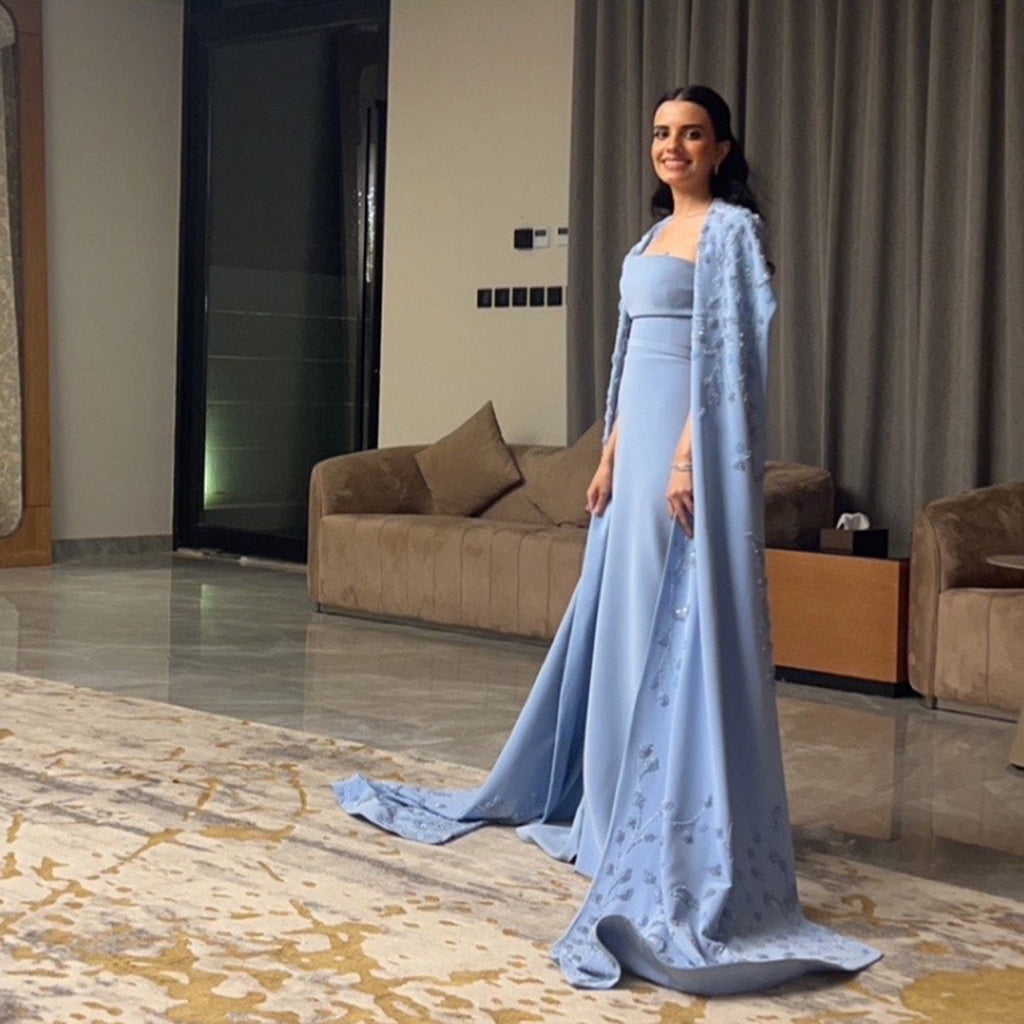 Elegant Beaded Blue Mermaid Evening Dress with Cape Sleeves SS407