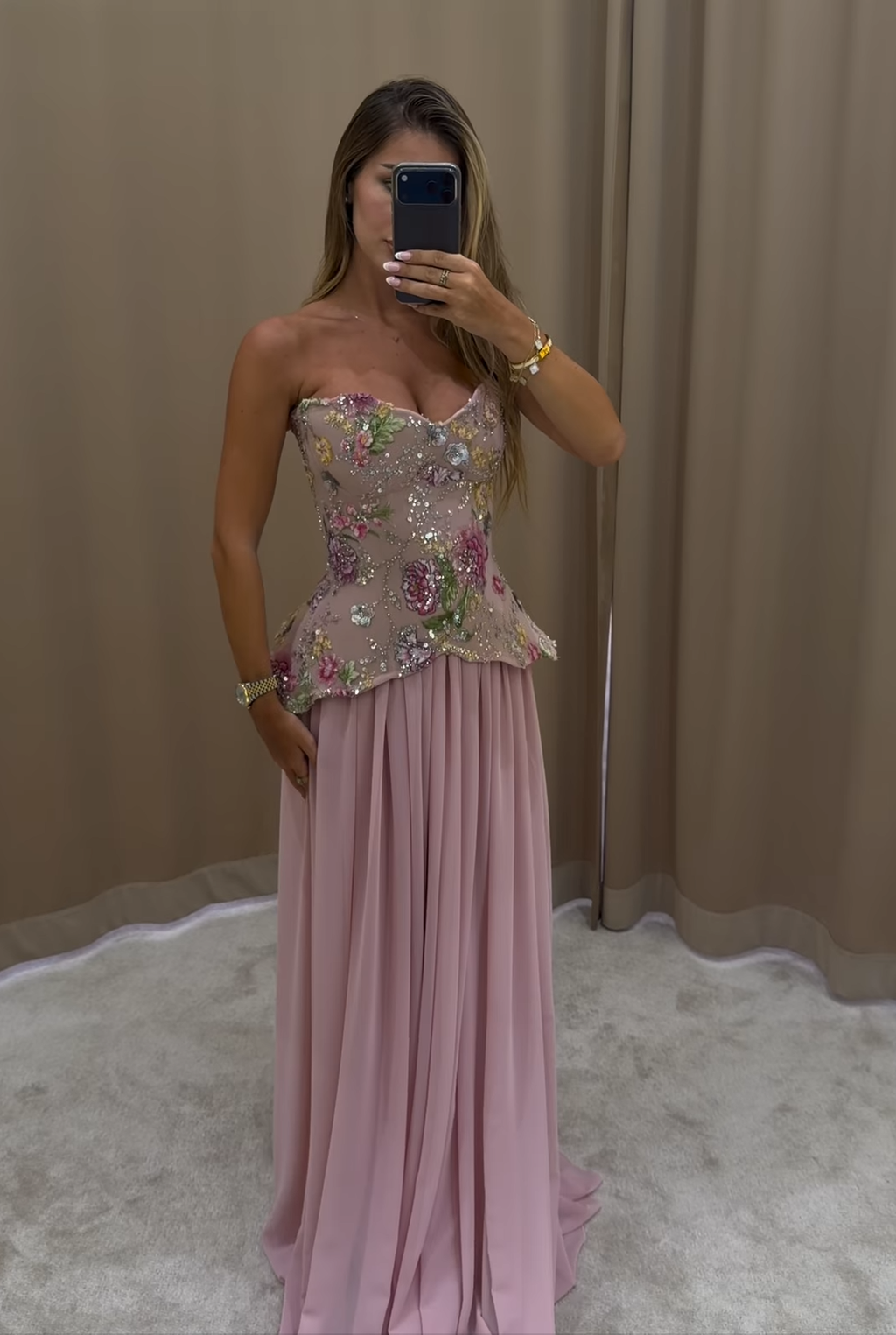 Luxury Pink Floral Embellished Peplum Evening Dress with Scarf SS480