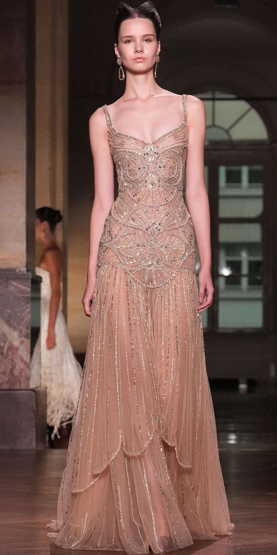Elegant Champagne Ruffled Beaded Evening Dress SS552