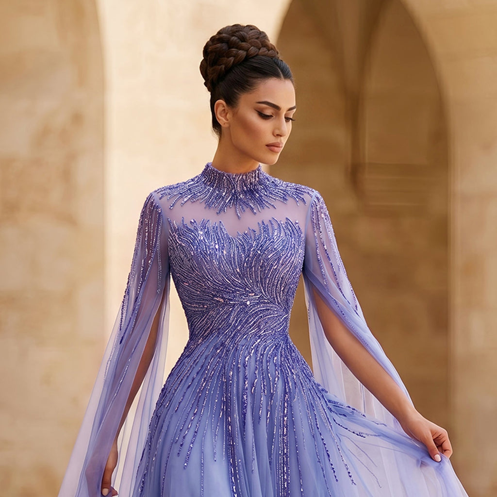 Elegant Blue High Neck Beaded Evening Dress with Cape Sleeve SS134
