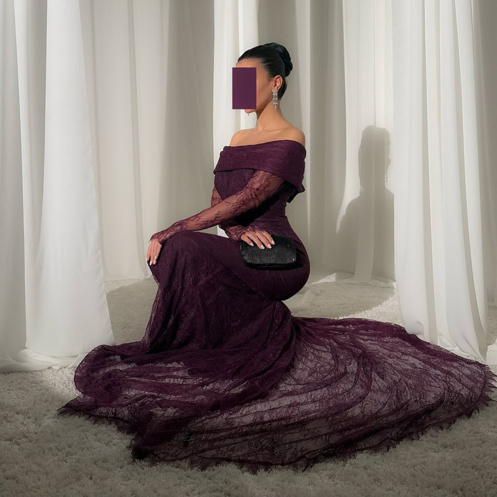 Luxury Purple Off Shoulder Lace Arabic Evening Dress SF205