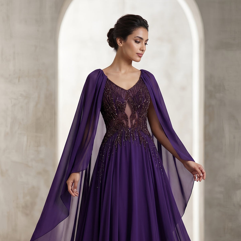 Elegant Purple V-Neck Beaded Chiffon Evening Dress with Cape Sleeves SS053