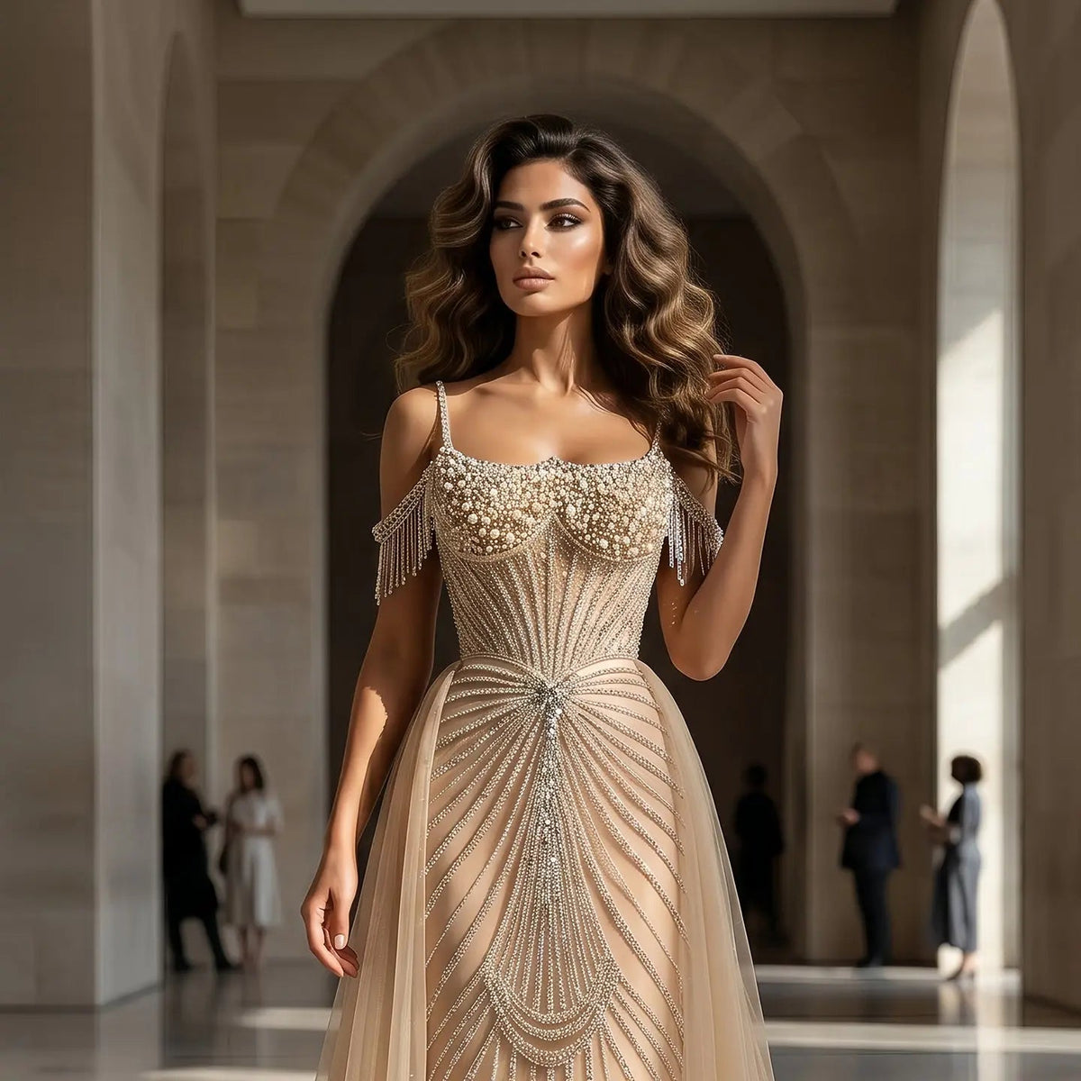 Luxury Green Spaghetti Strap Beaded Evening Dress with Overskirt SS121