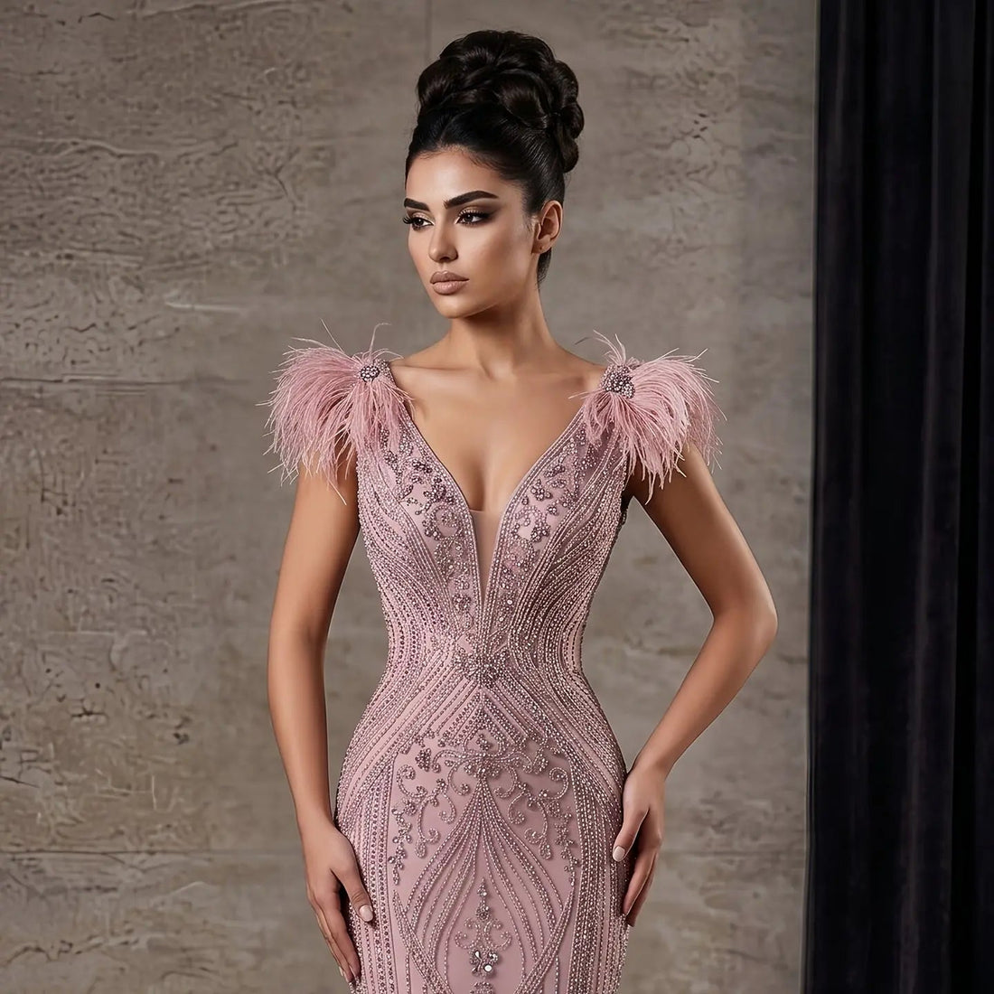 Dreamy Pink V-Neck Feather Trim Beaded Mermaid Evening Dress SS122