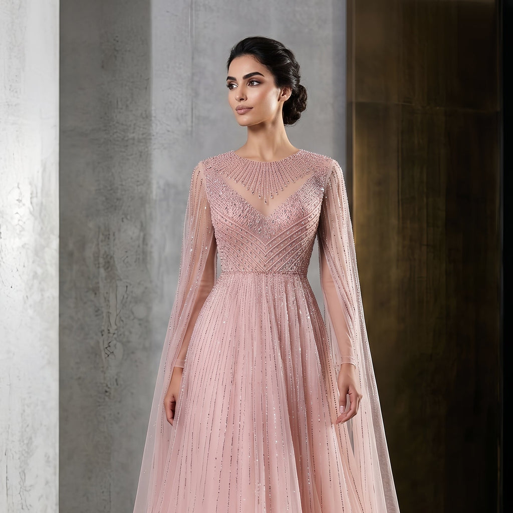 Luxury Pink Illusion Neck Beaded Chiffon Evening Dress with Cape Sleeves SS054