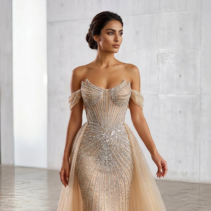 Glamorous Pink Off-the-Shoulder Beaded Crystal Corset Evening Dress SS120