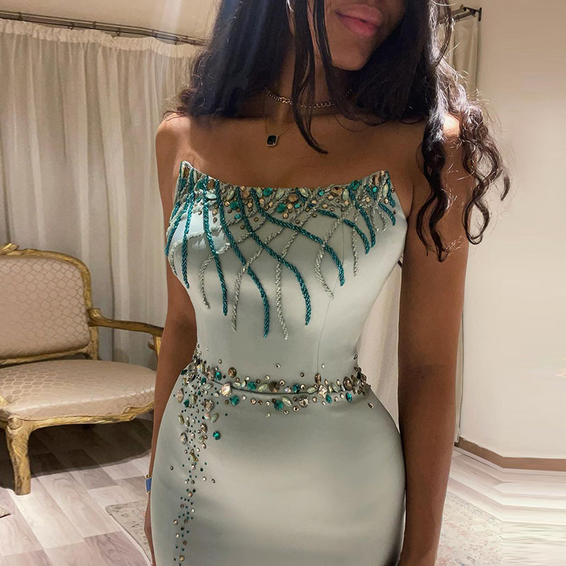 Luxury Turquoise Crystal Long Mermaid Satin Evening Dress SS331