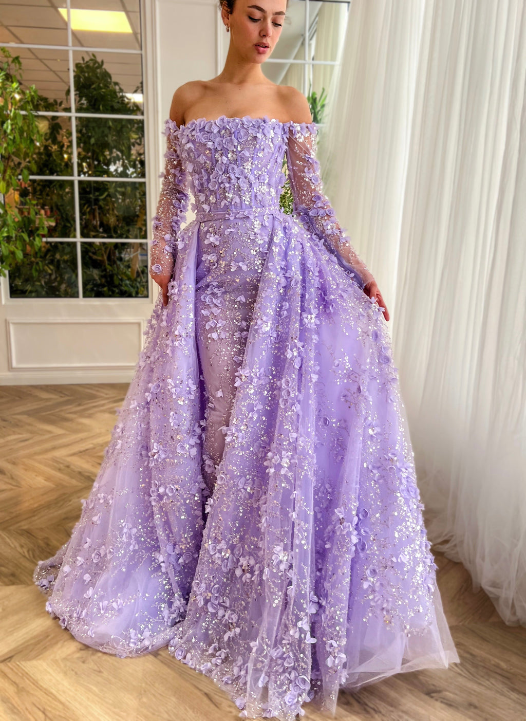 Elegant 3D Flowers Pink Evening Dress with Overskirt SS352