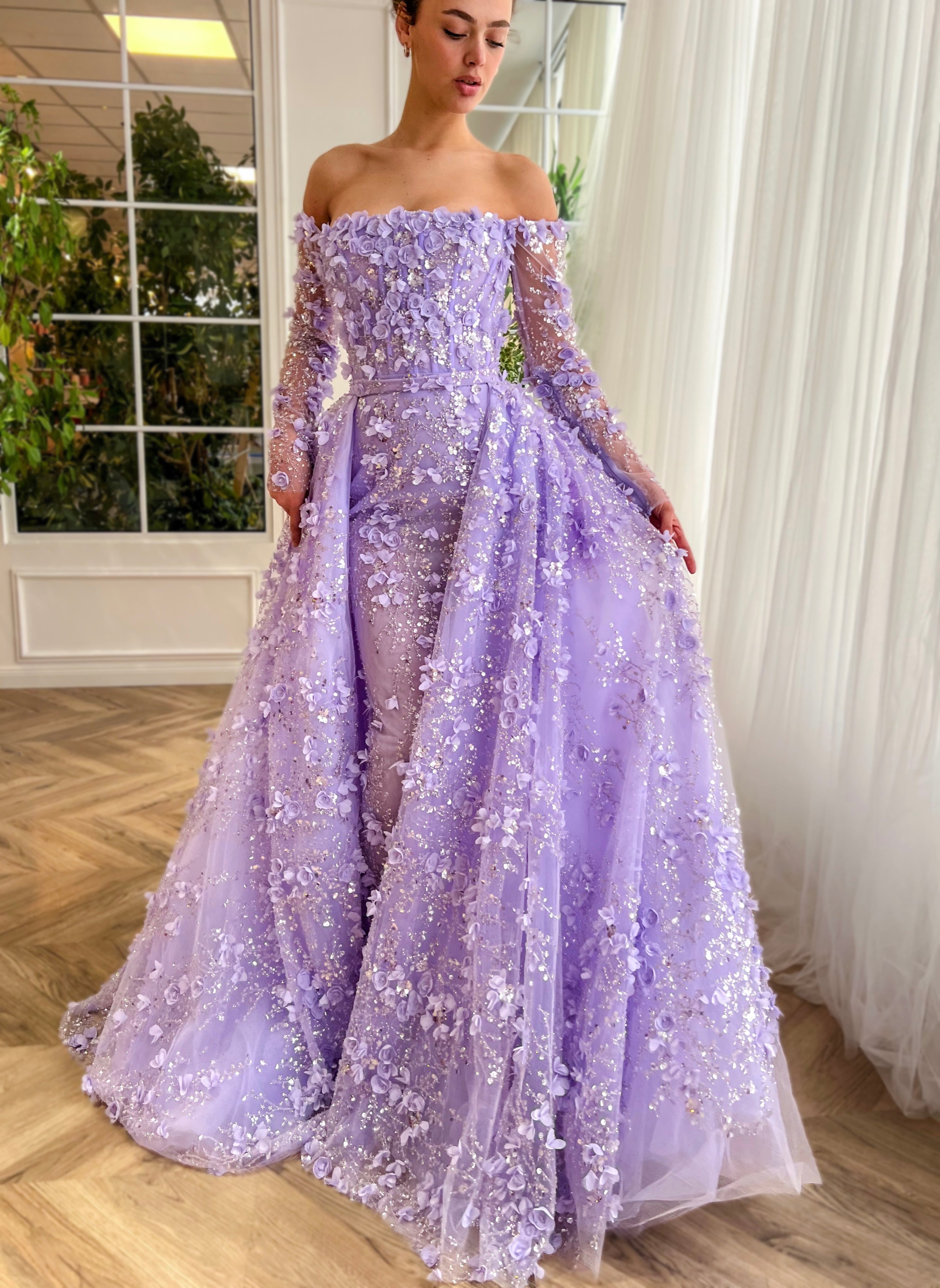 Elegant 3D Flowers Pink Evening Dress with Overskirt SS352